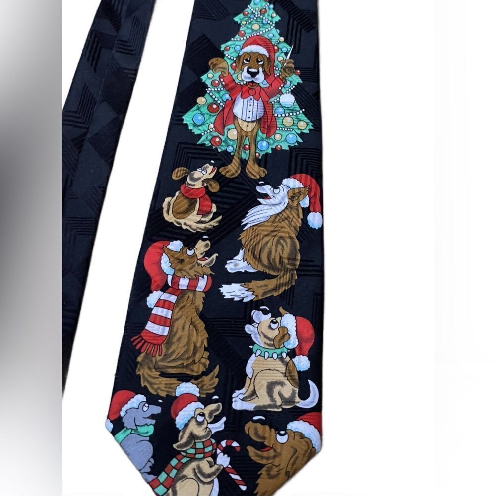 Daland Designs Black Christmas Tie w/Singing Dogs & Geometric Pattern